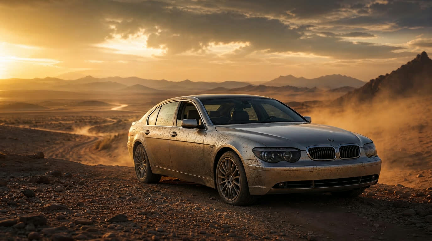 Driver standing beside a dusty silver BMW 7 Series at sunset in a vast desert mountain landscape